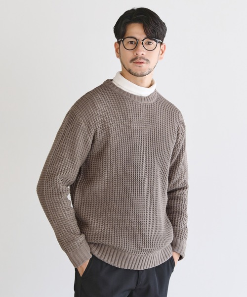 LIL VENDARS（リルヴェンダース）の「アンチピリング ワッフル編み クルーネック アクリル ニット セーター（ニット/セーター・メンズ・ブラック/ネイビー/ブラウン/オフホワイト/カーキ/ピンク/ブルー/モカ/杢グレー/グレー系その他/チャコール/サックスブルー/サンドベージュ/オリーブ/グリーン/ダークグリーン/ブルーグレー・M/L/XL/S）」の5枚目の写真