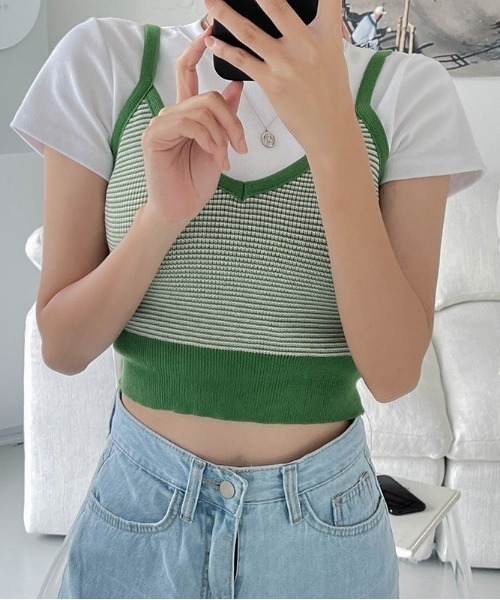 SONA(ソナ)の「SONYUNARA ボーダーニットビスチェ(Tシャツ/カットソー・レディース・ブラック/ブルー/グリーン/マスタード・FREE)」の5枚目の写真