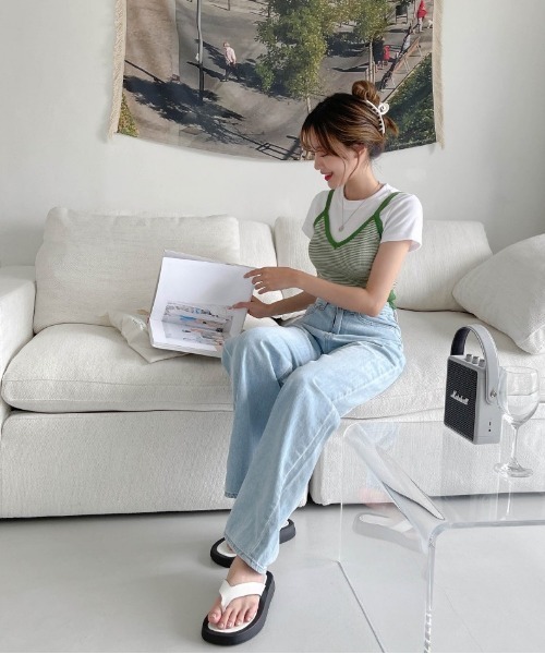 SONA(ソナ)の「SONYUNARA ボーダーニットビスチェ(Tシャツ/カットソー・レディース・ブラック/ブルー/グリーン/マスタード・FREE)」の9枚目の写真