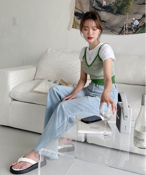 SONA(ソナ)の「SONYUNARA ボーダーニットビスチェ(Tシャツ/カットソー・レディース・ブラック/ブルー/グリーン/マスタード・FREE)」の10枚目の写真