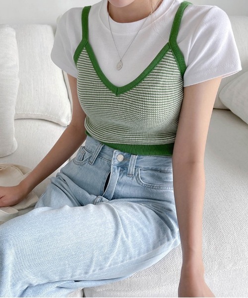 SONA(ソナ)の「SONYUNARA ボーダーニットビスチェ(Tシャツ/カットソー・レディース・ブラック/ブルー/グリーン/マスタード・FREE)」の12枚目の写真