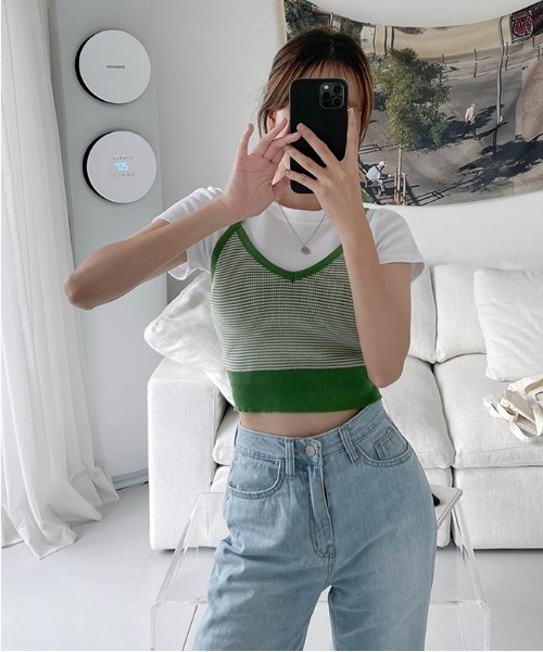 SONA(ソナ)の「SONYUNARA ボーダーニットビスチェ(Tシャツ/カットソー・レディース・ブラック/ブルー/グリーン/マスタード・FREE)」の13枚目の写真