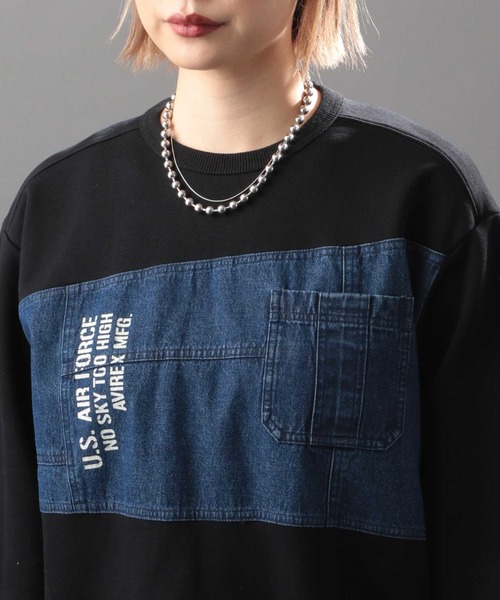 AVIREX(アヴィレックス)の「デニムコンビ スウェットシャツ/ DENIM COMBI SWEAT SHIRT(スウェット・レディース・ブラック/ネイビー/ライトブルーグレー・FREE)」の9枚目の写真