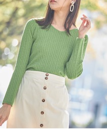 ケーブルリブVネックニット
