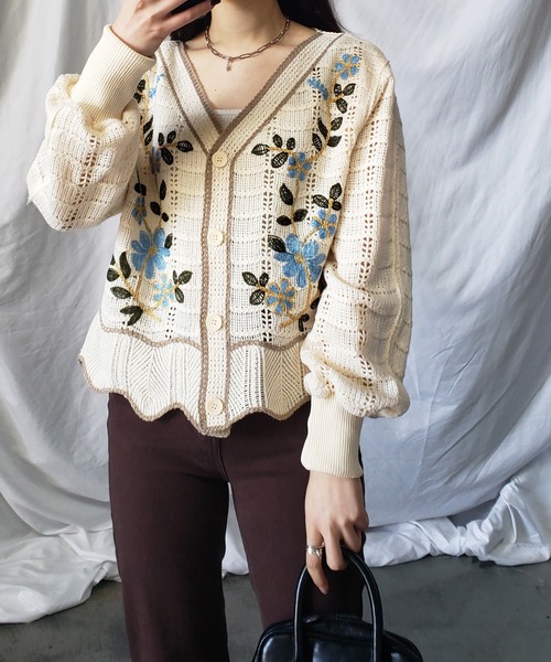 【美品】アルベロベロ　長袖カーディガン（M）かぎ編みモチーフ　ビジュー　グレー 美品】アルベロベロ 長袖カーディガン（M）かぎ編みモチーフ
