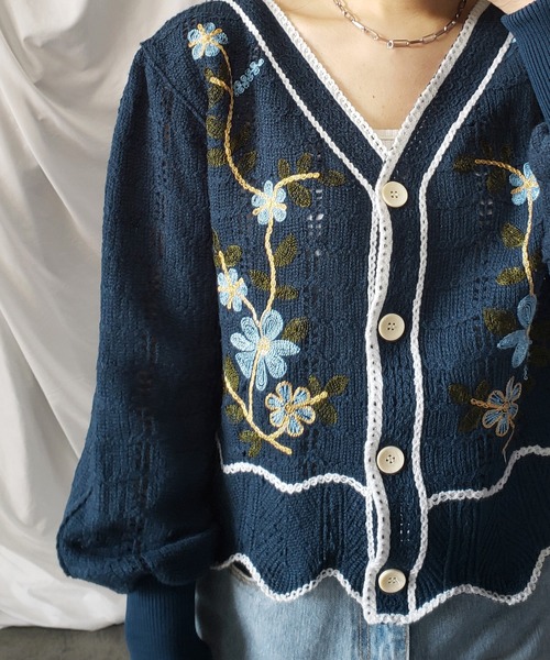 セール】ボリューム袖かぎ編みレース花刺繍カーディガン