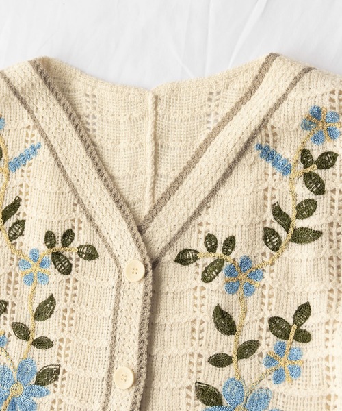 セール】ボリューム袖かぎ編みレース花刺繍カーディガン