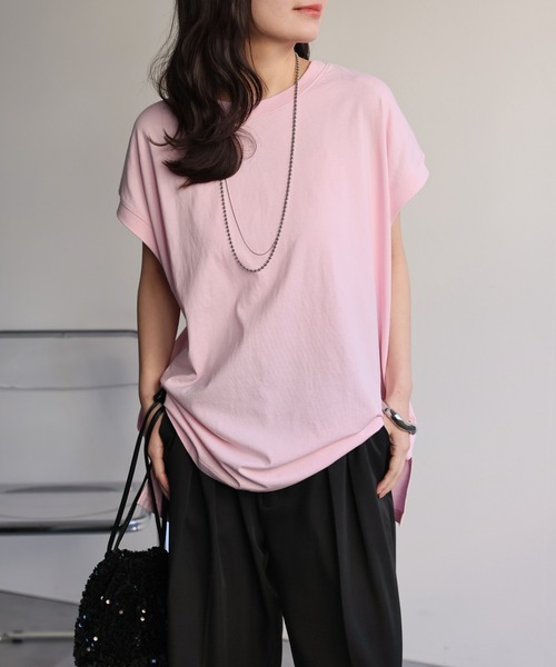 ap retro（アプレトロ）の「高見え上質コットン / 大人ルーズフレンチスリーブTシャツ（Tシャツ/カットソー・レディース・ブラック/アイボリー/ホワイト/スミクロ/グレイッシュベージュ/ネイビー/ピンク/ブルー・FREE）」の8枚目の写真