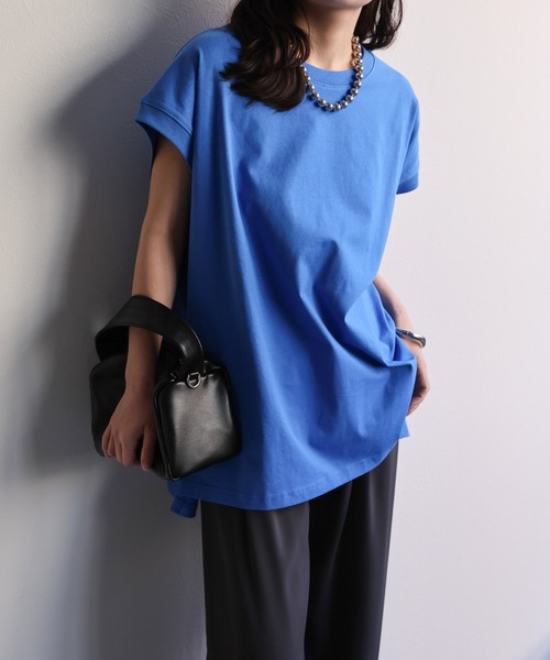 ap retro（アプレトロ）の「高見え上質コットン / 大人ルーズフレンチスリーブTシャツ（Tシャツ/カットソー・レディース・ブラック/アイボリー/ホワイト/スミクロ/グレイッシュベージュ/ネイビー/ピンク/ブルー・FREE）」の7枚目の写真