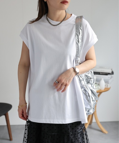 ap retro（アプレトロ）の「高見え上質コットン / 大人ルーズフレンチスリーブTシャツ（Tシャツ/カットソー・レディース・ブラック/アイボリー/ホワイト/スミクロ/グレイッシュベージュ/ネイビー/ピンク/ブルー・FREE）」の22枚目の写真