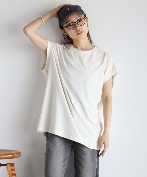 ap retro(アプレトロ)の「【USAコットン】高見え上質 / 大人ルーズフレンチスリーブTシャツ(Tシャツ/カットソー・レディース・ブラック/アイボリー/ホワイト/スミクロ/グレイッシュベージュ/ネイビー/ピンク/ブルー・FREE)」の18枚目の写真