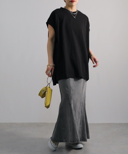 ap retro（アプレトロ）の「高見え上質コットン / 大人ルーズフレンチスリーブTシャツ（Tシャツ/カットソー・レディース・ブラック/アイボリー/ホワイト/スミクロ/グレイッシュベージュ/ネイビー/ピンク/ブルー・FREE）」の12枚目の写真