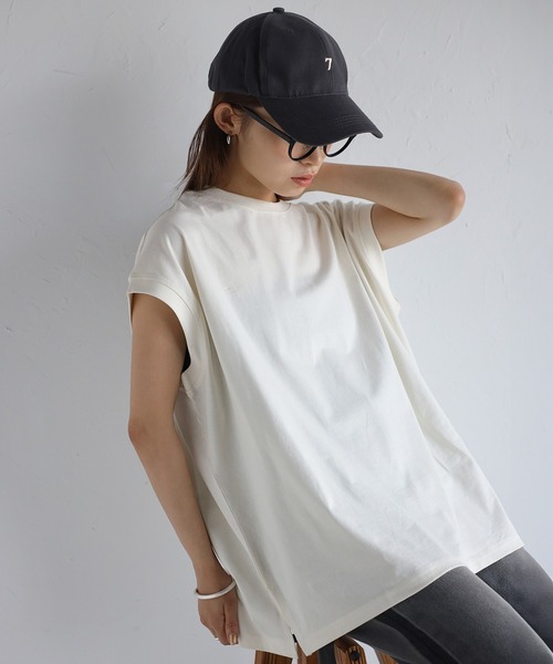 ap retro(アプレトロ)の「【USAコットン】高見え上質 / 大人ルーズフレンチスリーブTシャツ(Tシャツ/カットソー・レディース・ブラック/アイボリー/ホワイト/スミクロ/グレイッシュベージュ/ネイビー/ピンク/ブルー・FREE)」の19枚目の写真