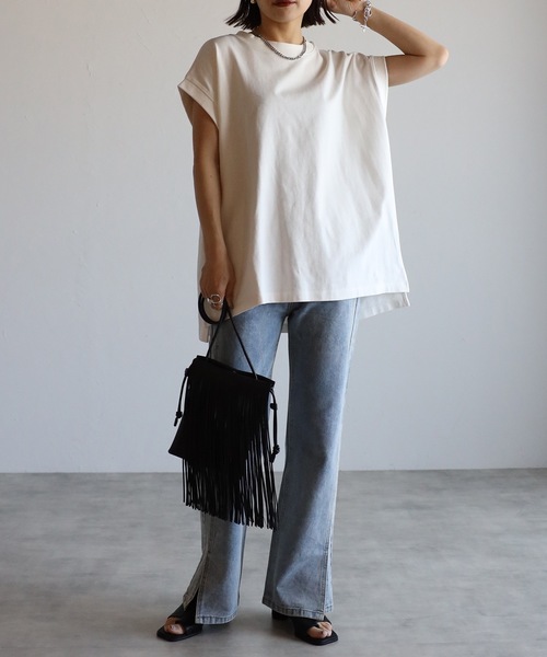 ap retro（アプレトロ）の「高見え上質コットン / 大人ルーズフレンチスリーブTシャツ（Tシャツ/カットソー・レディース・ブラック/アイボリー/ホワイト/スミクロ/グレイッシュベージュ/ネイビー/ピンク/ブルー・FREE）」の18枚目の写真