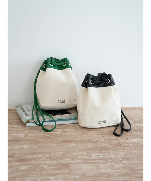 AMERICAN HOLIC（アメリカンホリック）の「キャンバス配色　巾着バッグ（ショルダーバッグ・レディース・ブラック/グリーン・FREE）」の5枚目の写真