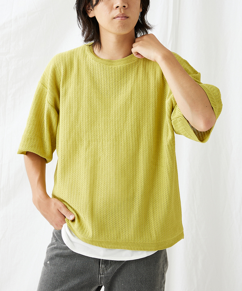 JOURNAL STANDARD(ジャーナルスタンダード)の「【透かし編みニット+レイヤードインナーの2点セット】 クルーネック半袖Tシャツ(ニット/セーター・メンズ・ブラック/ベージュ/ピンク/ライトグリーン/ライトイエロー・MEDIUM/LARGE)」の4枚目の写真