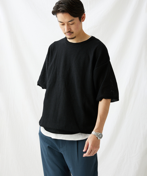 JOURNAL STANDARD(ジャーナルスタンダード)の「【透かし編みニット+レイヤードインナーの2点セット】 クルーネック半袖Tシャツ(ニット/セーター・メンズ・ブラック/ベージュ/ピンク/ライトグリーン/ライトイエロー・MEDIUM/LARGE)」の6枚目の写真