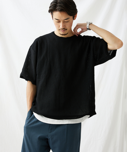 JOURNAL STANDARD(ジャーナルスタンダード)の「【透かし編みニット+レイヤードインナーの2点セット】 クルーネック半袖Tシャツ(ニット/セーター・メンズ・ブラック/ベージュ/ピンク/ライトグリーン/ライトイエロー・MEDIUM/LARGE)」の22枚目の写真