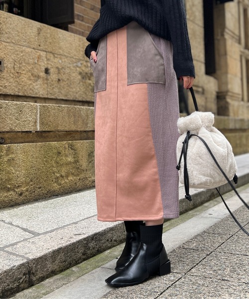 Chez toi（シェトワ）の「スエード×リブ切替バイカラースカート（スカート・レディース・ブラック/カーキ/ピンク/グレイッシュベージュ・FREE）」の4枚目の写真