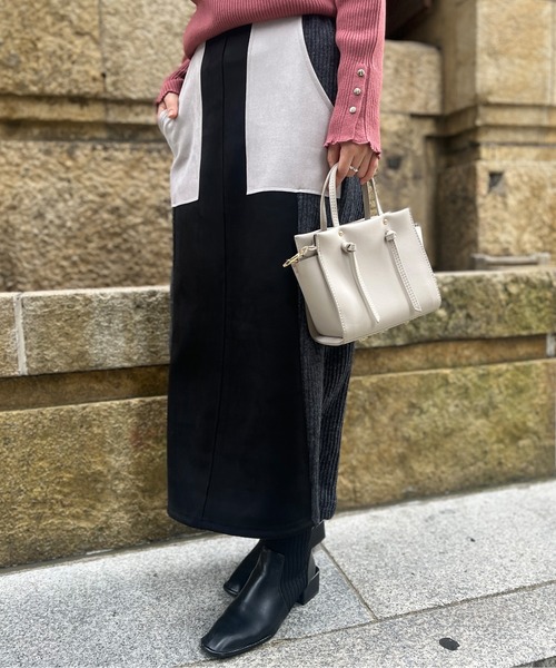 Chez toi（シェトワ）の「スエード×リブ切替バイカラースカート（スカート・レディース・ブラック/カーキ/ピンク/グレイッシュベージュ・FREE）」の2枚目の写真