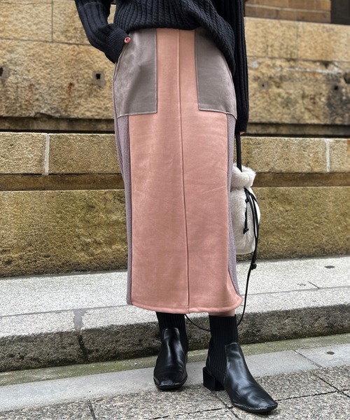 Chez toi（シェトワ）の「スエード×リブ切替バイカラースカート（スカート・レディース・ブラック/カーキ/ピンク/グレイッシュベージュ・FREE）」の9枚目の写真