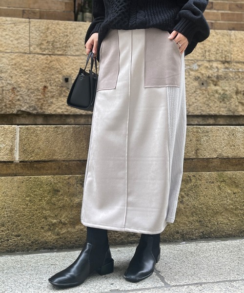 Chez toi（シェトワ）の「スエード×リブ切替バイカラースカート（スカート・レディース・ブラック/カーキ/ピンク/グレイッシュベージュ・FREE）」の6枚目の写真
