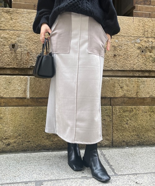Chez toi（シェトワ）の「スエード×リブ切替バイカラースカート（スカート・レディース・ブラック/カーキ/ピンク/グレイッシュベージュ・FREE）」の15枚目の写真