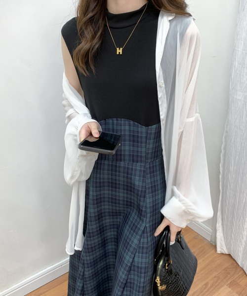 ECLIN(エクラン)の「チェック柄切替ノースリーブフレアロングワンピース(ワンピース・レディース・ブラック/ネイビー/ブラウン・S/M)」の15枚目の写真