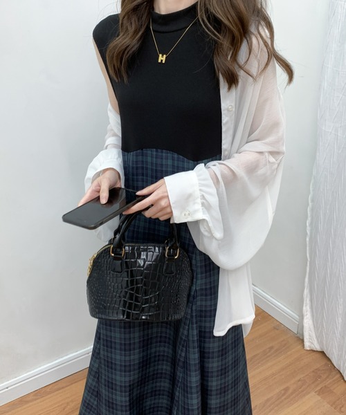 ECLIN(エクラン)の「チェック柄切替ノースリーブフレアロングワンピース(ワンピース・レディース・ブラック/ネイビー/ブラウン・S/M)」の9枚目の写真