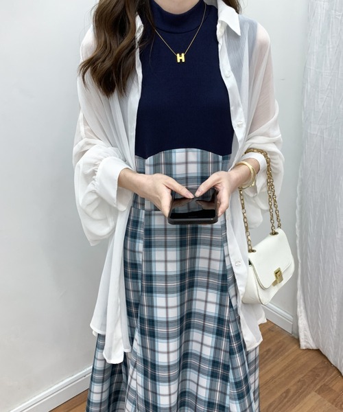 ECLIN(エクラン)の「チェック柄切替ノースリーブフレアロングワンピース(ワンピース・レディース・ブラック/ネイビー/ブラウン・S/M)」の22枚目の写真