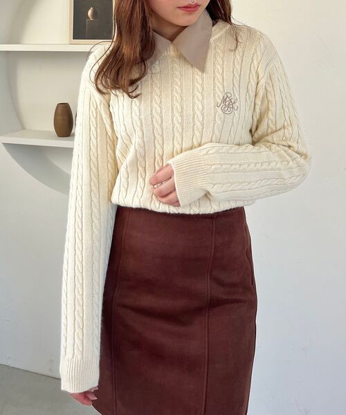 MAJESTIC LEGON（マジェスティックレゴン）の「ポイントロゴミニケーブルニット（ニット/セーター・レディース・ベージュ/グリーン/アイボリー・MEDIUM）」の15枚目の写真