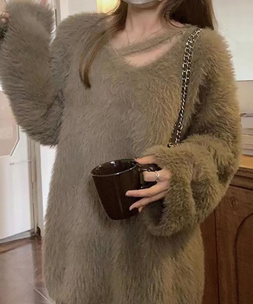 SPIGA（スピーガ）の「ネックラインシャギーニットトップス（ニット/セーター・レディース・ベージュ/ホワイト・FREE）」の4枚目の写真