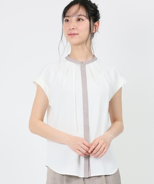 m.f.editorial（エムエフエディトリアル）の「m.f.エディトリアル レディース 配色バンドカラー 半袖比翼ブラウス（シャツ/ブラウス・レディース・ベージュ/ブラウン/ホワイト・MEDIUM/LARGE）」の2枚目の写真