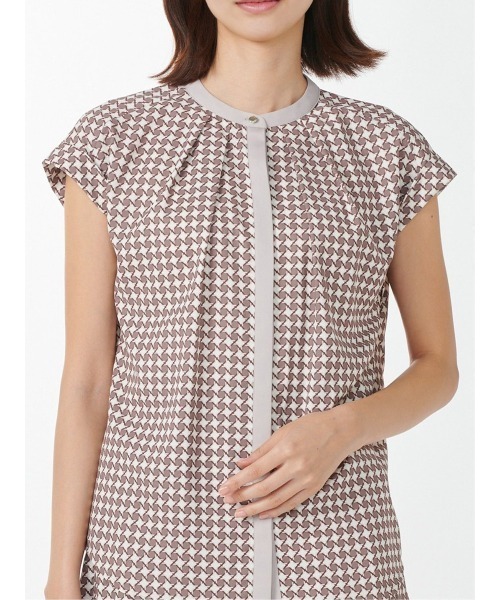 m.f.editorial（エムエフエディトリアル）の「m.f.エディトリアル レディース 配色バンドカラー 半袖比翼ブラウス（シャツ/ブラウス・レディース・ベージュ/ブラウン/ホワイト・MEDIUM/LARGE）」の6枚目の写真