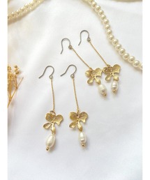 【YM】メタルフラワー×淡水パール チタンピアス(MA)