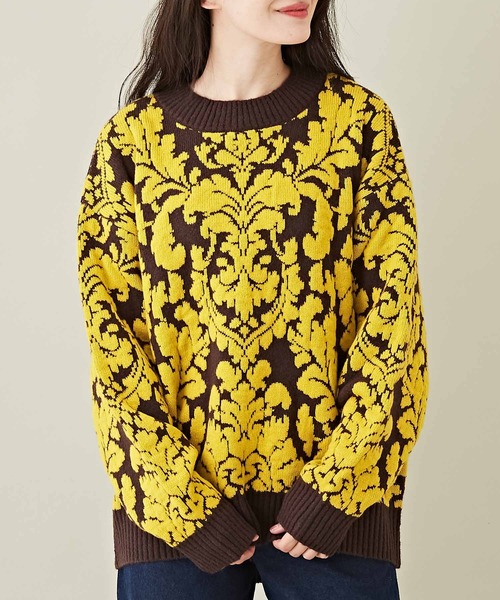 CUBE SUGAR（キューブシュガー）の「ブークレジャガードバロック柄プルオーバーニット（ニット/セーター・レディース・ネイビー/ブラウン/チャコールグレー・M）」の3枚目の写真