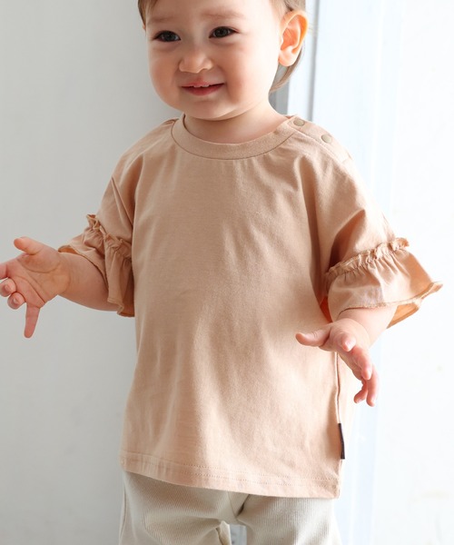 PUPPAPUPO（プッパプーポ）の「袖フリル 半袖 Tシャツ（Tシャツ/カットソー・キッズ・ベージュ/グレー/アイボリー/グレイッシュベージュ/ミント/ベビーピンク・80/90/100/110）」の3枚目の写真