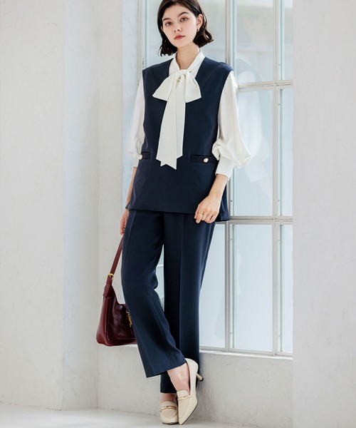 新品タグ付 ANAYI ジョーゼット パール ボウタイ ブラウス 白 36 S