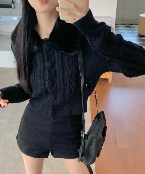 Vipoa(ヴィポア)の「fur collar retro cable knit cardigan(カーディガン/ボレロ・レディース・アイボリー/ブラック/ベージュ・FREE)」の18枚目の写真