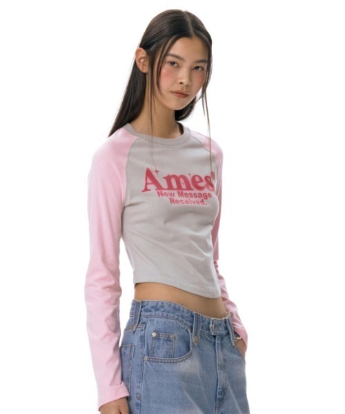 AMESWORLDWIDE(アメスワールドワイド)の「A'GEM/9 × .kom『AMES WORLDWIDE/アメスワールドワイド』ROUND HEM RAGLAN LS TEE/ラウンドヘムラグランロングスリーブ(Tシャツ/カットソー・レディース・ホワイト/グレー/ブルー・FREE)」の8枚目の写真