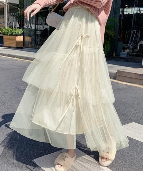 MAISON DE THERESE(メゾン ド テレーズ)の「3枚チュール重ね ティアードフリルスカート スカート ロング丈 リボン ボリューム ミモレ丈 バレエコア(スカート・レディース・ブラック/アイボリー・FREE)」の2枚目の写真