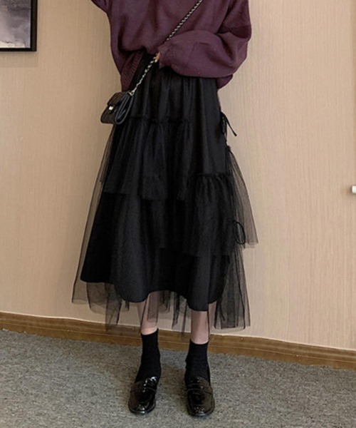 MAISON DE THERESE(メゾン ド テレーズ)の「3枚チュール重ね ティアードフリルスカート スカート ロング丈 リボン ボリューム ミモレ丈 バレエコア(スカート・レディース・ブラック/アイボリー・FREE)」の13枚目の写真