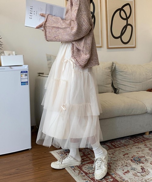 MAISON DE THERESE(メゾン ド テレーズ)の「3枚チュール重ね ティアードフリルスカート スカート ロング丈 リボン ボリューム ミモレ丈 バレエコア(スカート・レディース・ブラック/アイボリー・FREE)」の9枚目の写真
