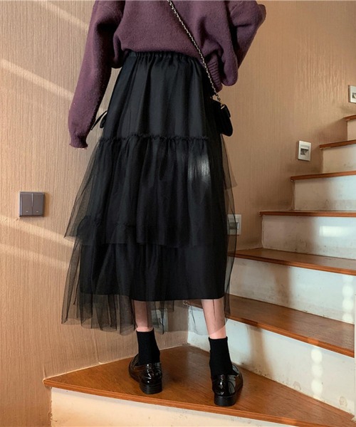 MAISON DE THERESE(メゾン ド テレーズ)の「3枚チュール重ね ティアードフリルスカート スカート ロング丈 リボン ボリューム ミモレ丈 バレエコア(スカート・レディース・ブラック/アイボリー・FREE)」の14枚目の写真
