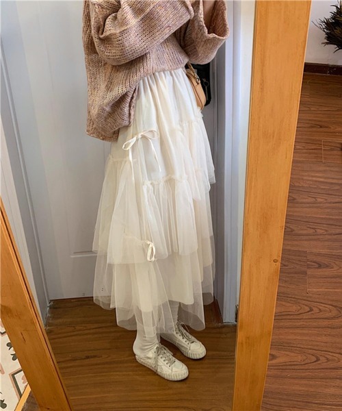MAISON DE THERESE(メゾン ド テレーズ)の「3枚チュール重ね ティアードフリルスカート スカート ロング丈 リボン ボリューム ミモレ丈 バレエコア(スカート・レディース・ブラック/アイボリー・FREE)」の5枚目の写真