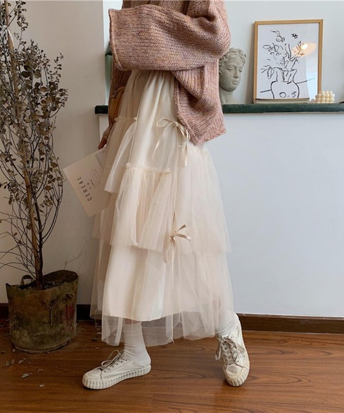 MAISON DE THERESE(メゾン ド テレーズ)の「3枚チュール重ね ティアードフリルスカート スカート ロング丈 リボン ボリューム ミモレ丈 バレエコア(スカート・レディース・ブラック/アイボリー・FREE)」の8枚目の写真