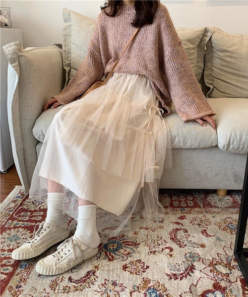 MAISON DE THERESE(メゾン ド テレーズ)の「3枚チュール重ね ティアードフリルスカート スカート ロング丈 リボン ボリューム ミモレ丈 バレエコア(スカート・レディース・ブラック/アイボリー・FREE)」の6枚目の写真