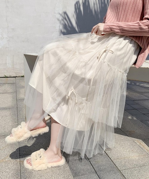 MAISON DE THERESE(メゾン ド テレーズ)の「3枚チュール重ね ティアードフリルスカート スカート ロング丈 リボン ボリューム ミモレ丈 バレエコア(スカート・レディース・ブラック/アイボリー・FREE)」の7枚目の写真