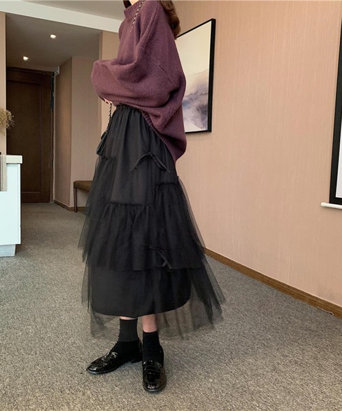 MAISON DE THERESE(メゾン ド テレーズ)の「3枚チュール重ね ティアードフリルスカート スカート ロング丈 リボン ボリューム ミモレ丈 バレエコア(スカート・レディース・ブラック/アイボリー・FREE)」の16枚目の写真