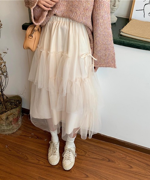 MAISON DE THERESE(メゾン ド テレーズ)の「3枚チュール重ね ティアードフリルスカート スカート ロング丈 リボン ボリューム ミモレ丈 バレエコア(スカート・レディース・ブラック/アイボリー・FREE)」の3枚目の写真
